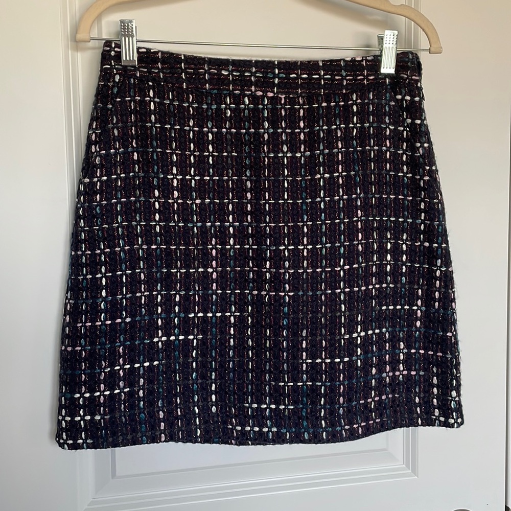 Loft tweed skirt in navy with purple and white embroidery throughout